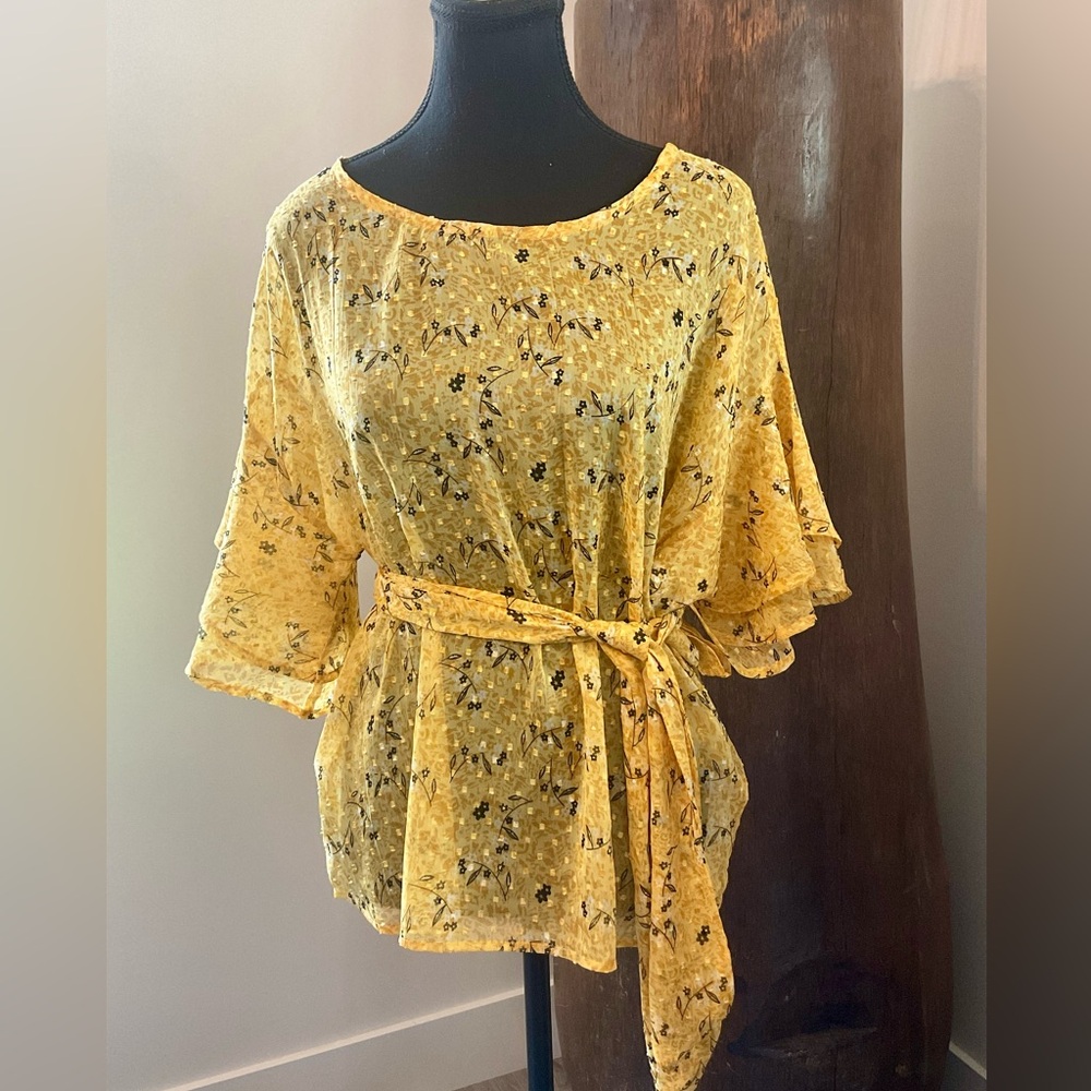 CREAM Dimitra Blouse Chic Floral Mustard Blouse with Belt or Tie